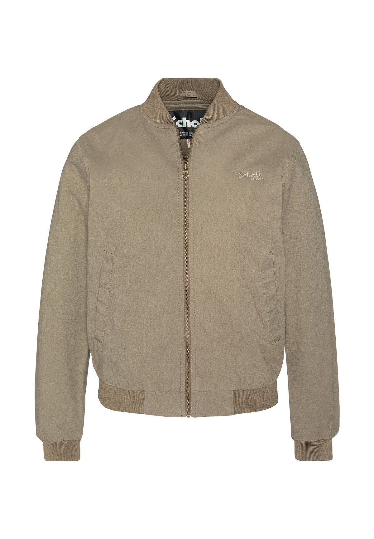 Beige Bomberjacke mit gerippten Bündchen und Saum, frontalem Reißverschluss und seitlichen Taschen. Glattes Gewebe mit dezentem Branding auf der Brust.