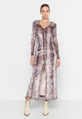 Langes, tailliertes Kleid aus weichem, strukturiertem Samt in Mauve mit langen Ärmeln und einem Reißverschluss vorne, das einen Oberschenkel hohen Schlitz aufweist.