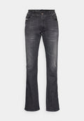 Schwarze, weit geschnittene Jeans aus Denim, mit klassischem Fünf-Taschen-Design, leichtem Verblassen an der Vorderseite und einem Knopfverschluss am Bund.