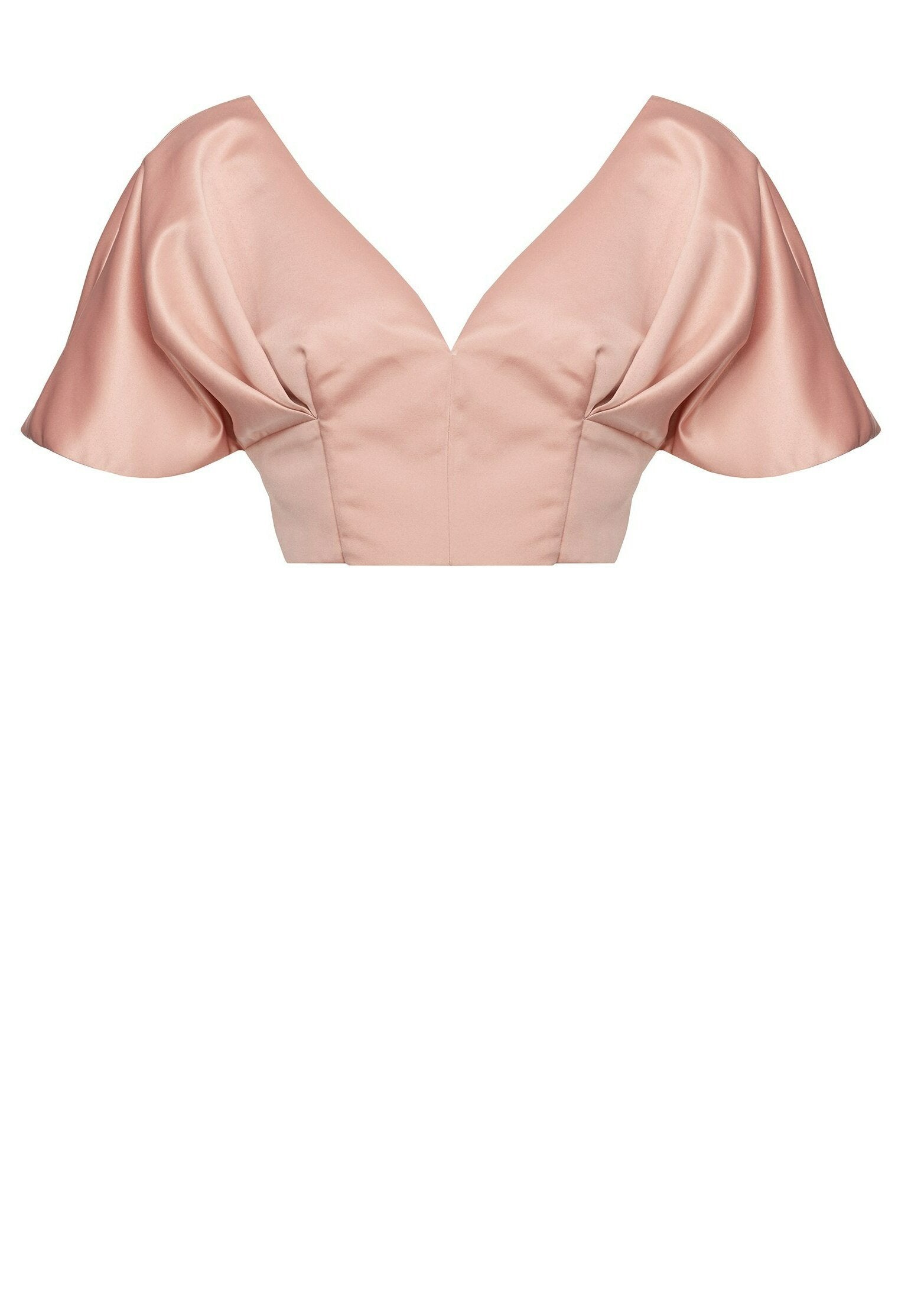 Blush-pink Cropped-Top mit tiefem V-Ausschnitt, breiten Puffärmeln und strukturierten Nähten für einen maßgeschneiderten Look. Hergestellt aus glattem Stoff.