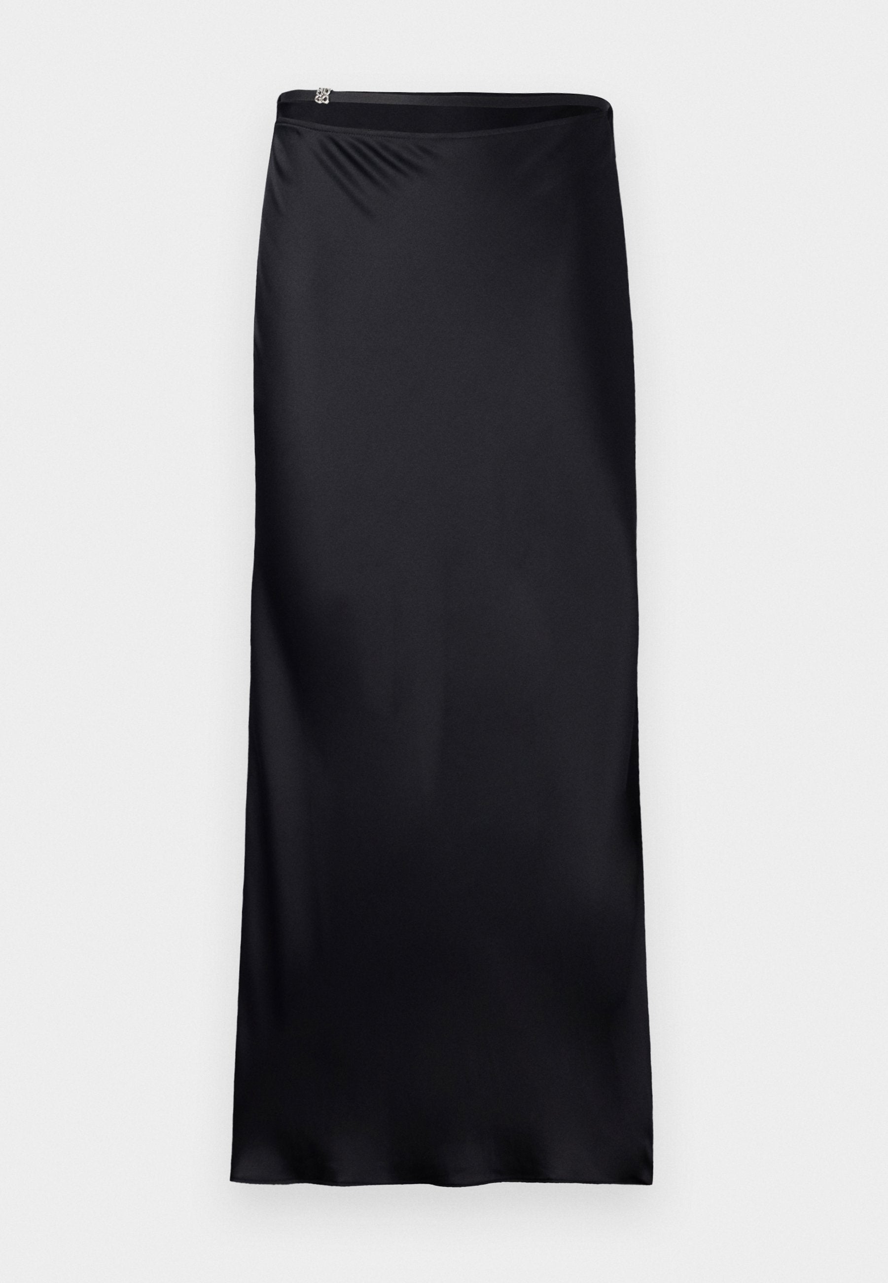 Schwarzer, knöchellanger Rock aus einem glatten, leichten Stoff. Verfügt über ein schlichtes Design mit einem nahtlosen Bund und einem Reißverschlussdetail.