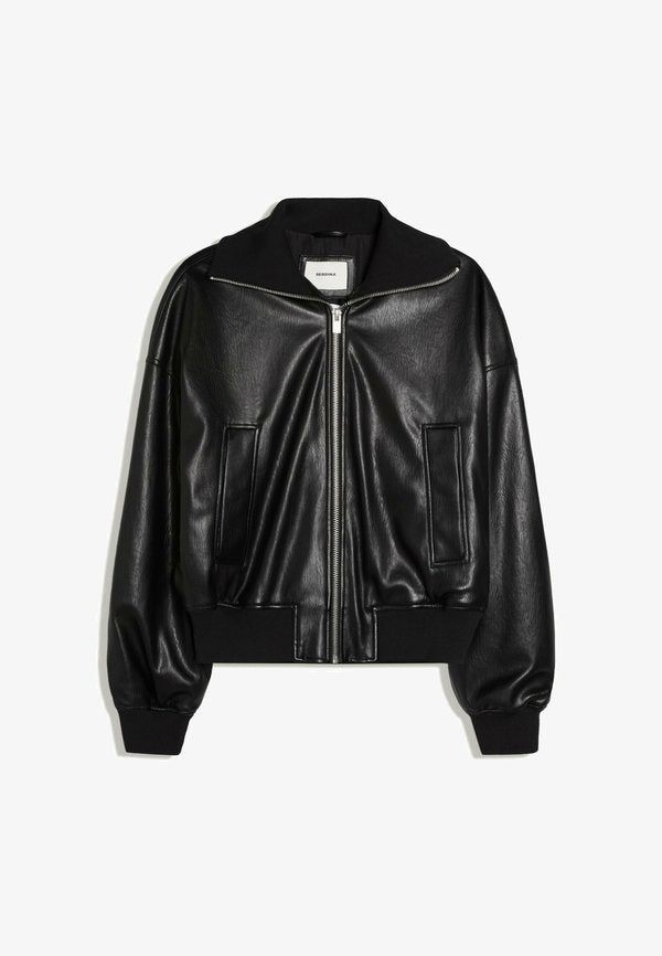 Bershka FAUX LEATHER RIB -  JACKET - Bomber Jacket - black