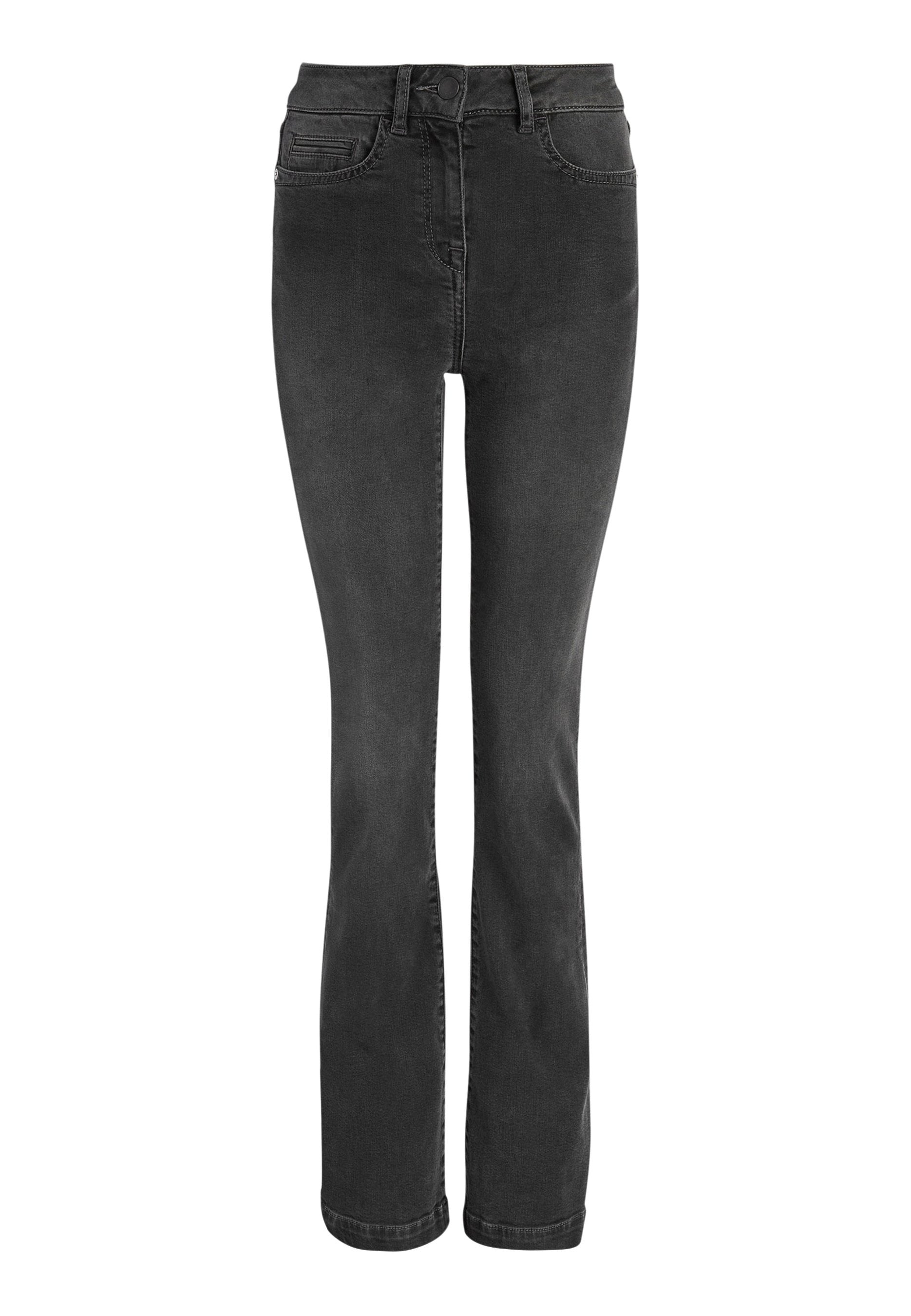 Schwarze, mittelhohe, gerade Jeans mit Front- und Gesäßtaschen, Gürtelschlaufen und Knopfverschluss.