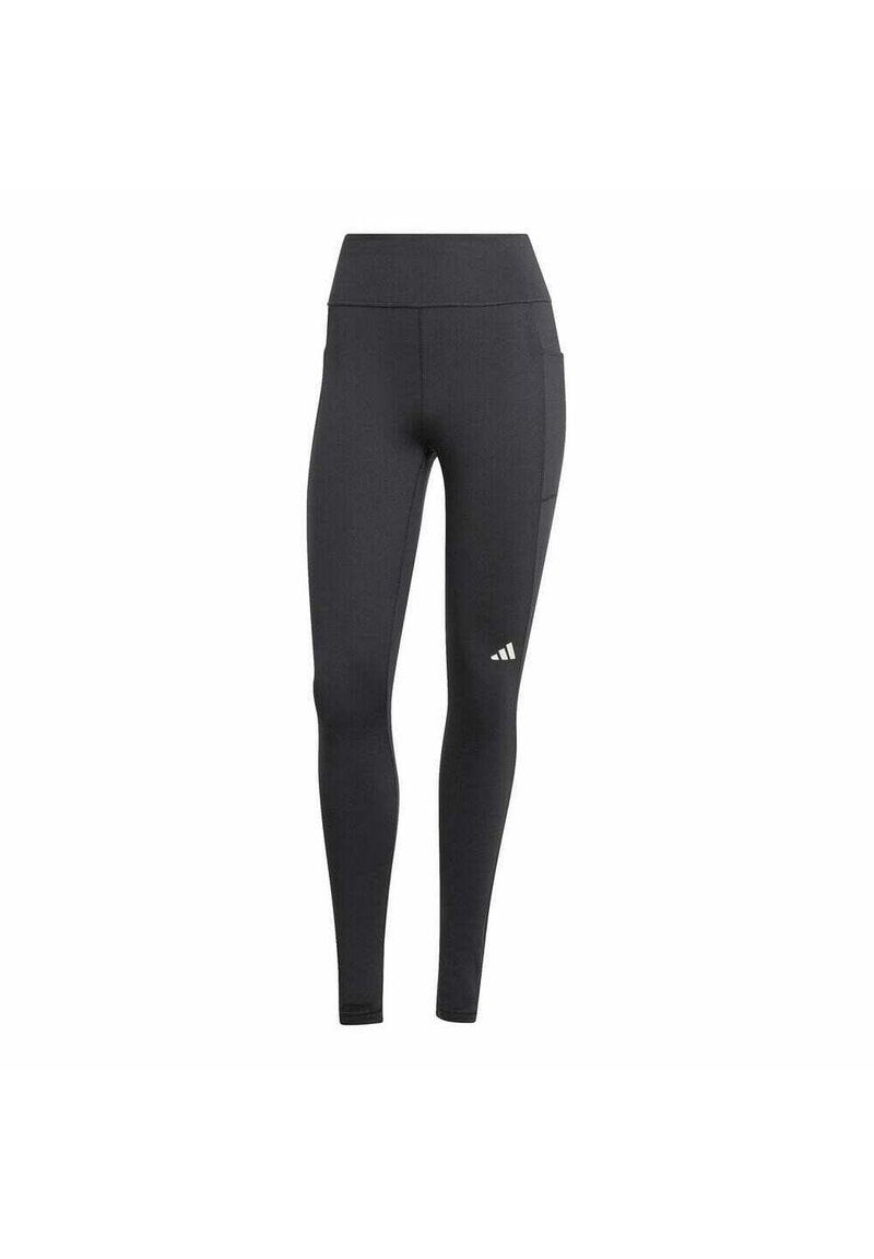 Schwarze Sportleggings mit hohem Bund, ausgestattet mit einer Seitentasche und einem weißen Logo am unteren linken Bein. Das Material scheint atmungsaktiv zu sein.