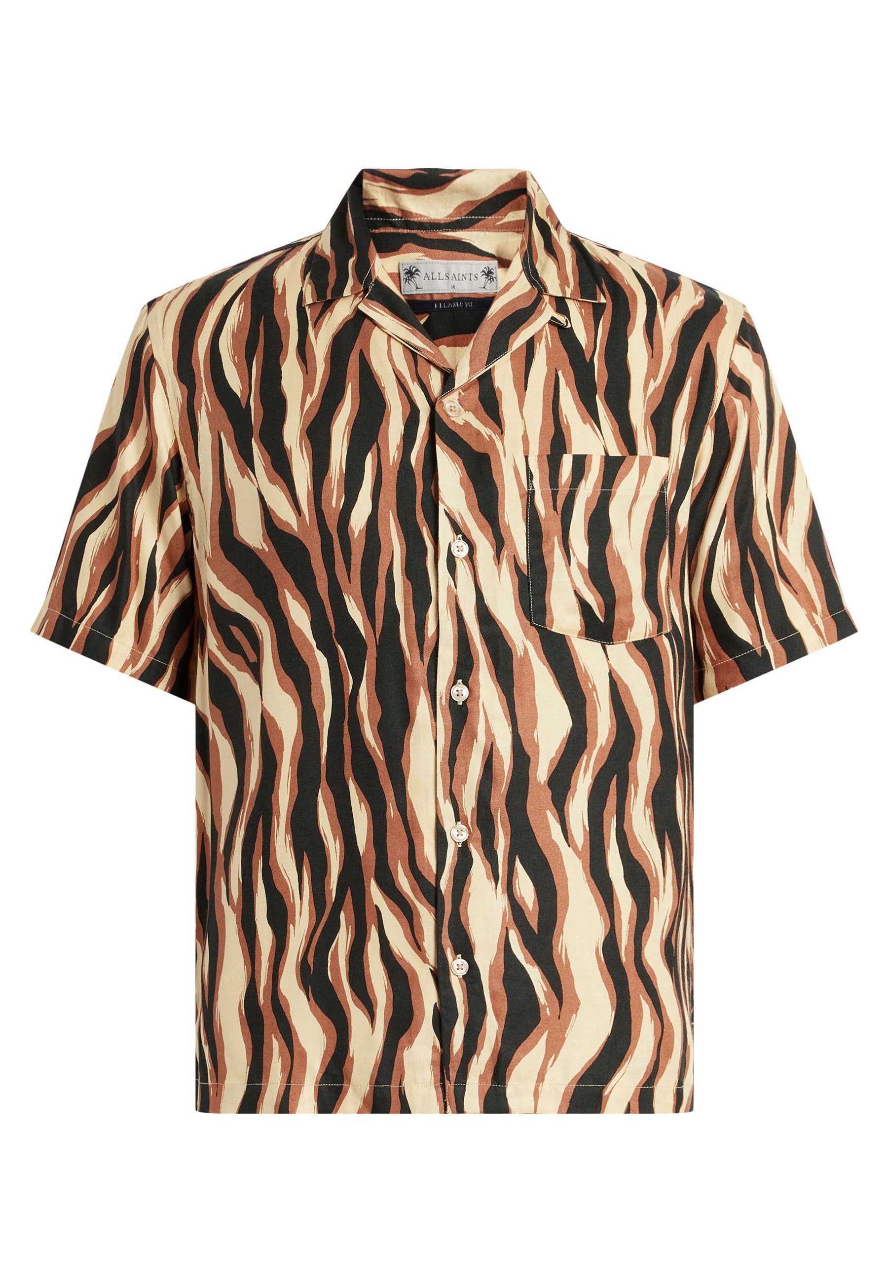 Kurzarmhemd aus weichem Stoff mit einem wellenförmigen Tigerstreifenmuster in Braun, Beige und Schwarz, mit einer Brusttasche und Knopfverschluss.