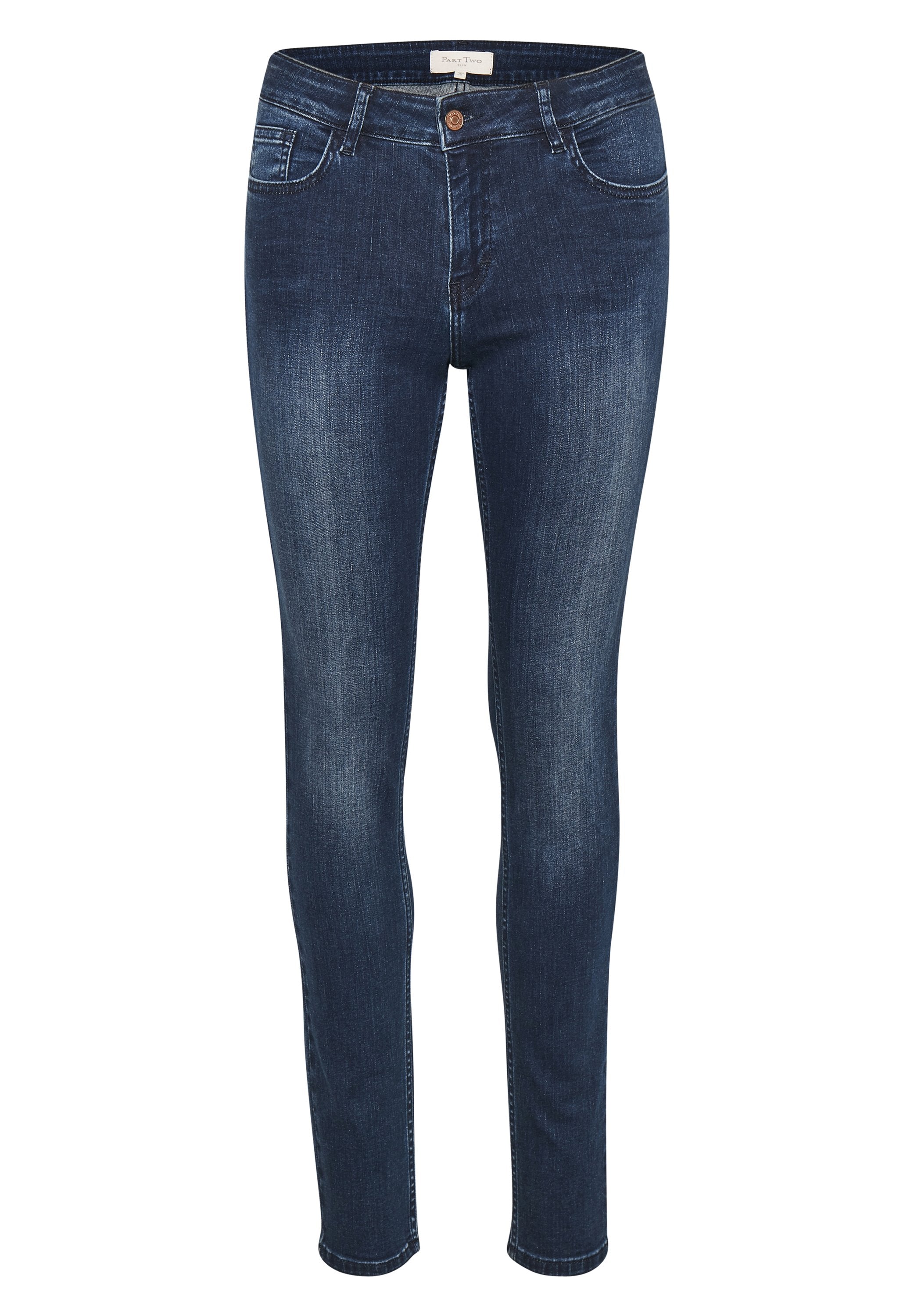 Dunkelblaue Skinny Jeans aus Denim, mit Knopfverschluss, Fünf-Taschen-Design und subtilen Ausbleichungen an den Oberschenkeln.