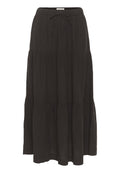 Schwarzer, gestufter Maxikleid aus strukturiertem Stoff, mit einem elastischen Bund und einem Zugband sowie einer fließenden Silhouette.