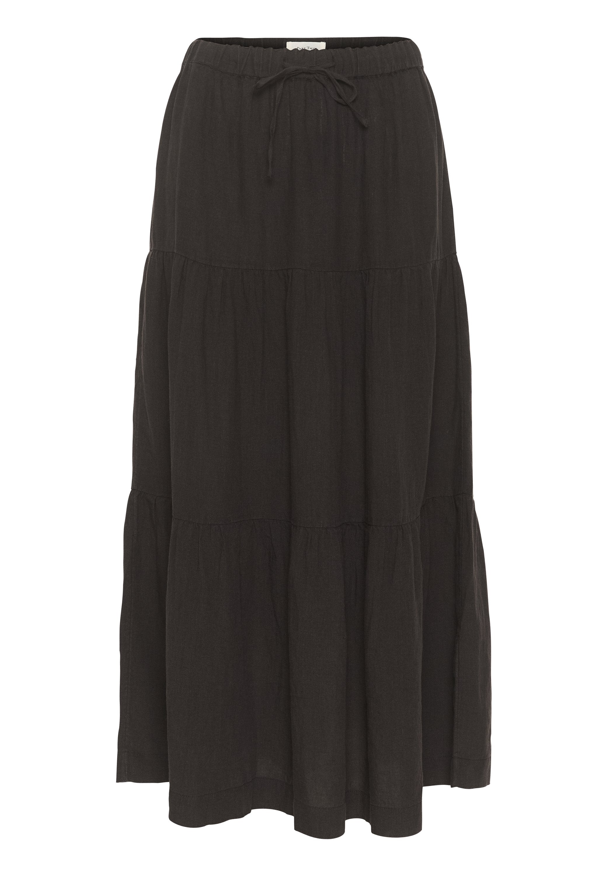 Schwarzer, gestufter Maxikleid aus strukturiertem Stoff, mit einem elastischen Bund und einem Zugband sowie einer fließenden Silhouette.