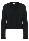 Schwarzer Cardigan aus weichem Stoff, mit V-Ausschnitt, langen Ärmeln, fünf Knöpfen und tailliertem Schnitt. Keine Muster oder Hardware-Akzente.