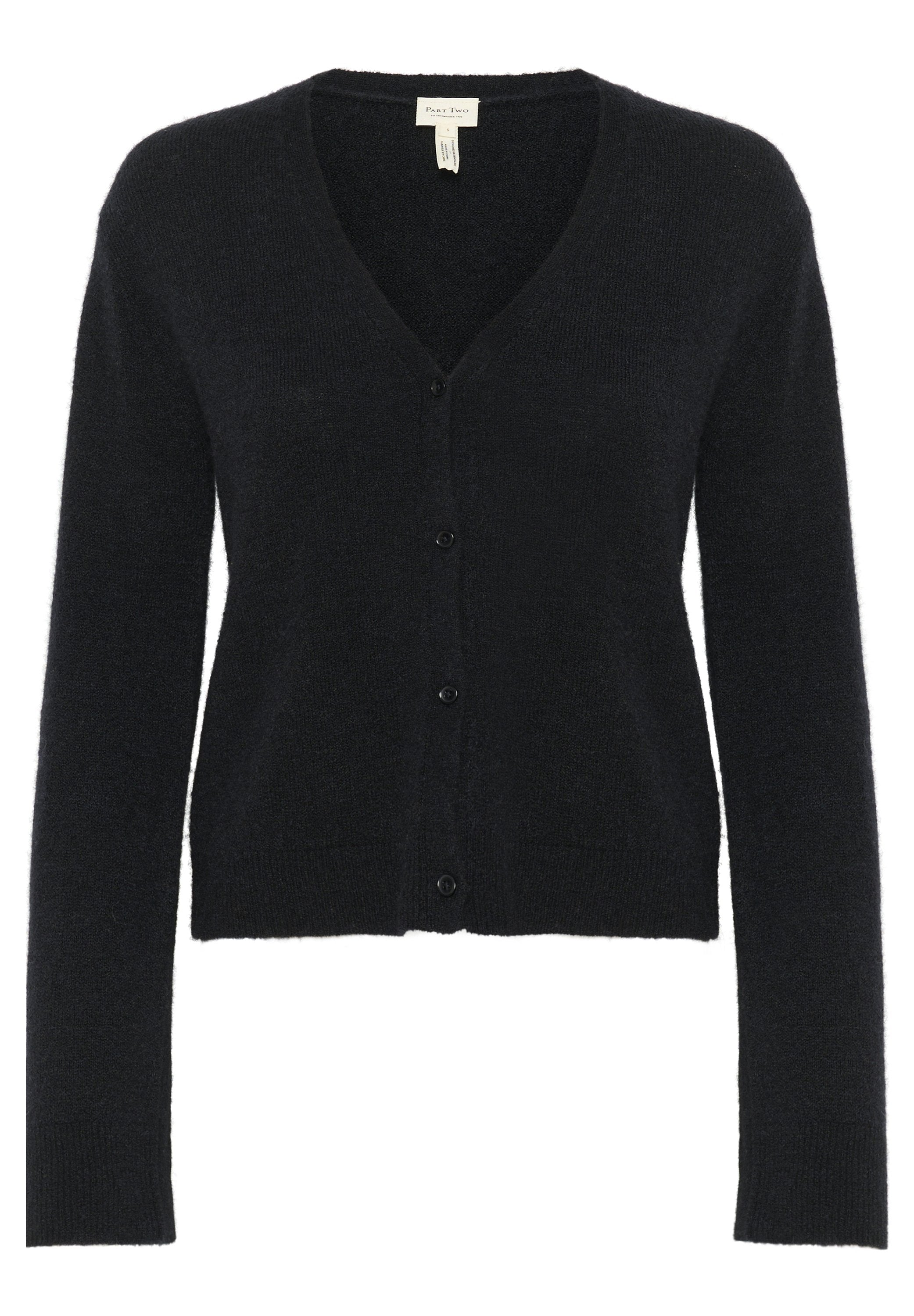 Schwarzer Cardigan aus weichem Stoff, mit V-Ausschnitt, langen Ärmeln, fünf Knöpfen und tailliertem Schnitt. Keine Muster oder Hardware-Akzente.