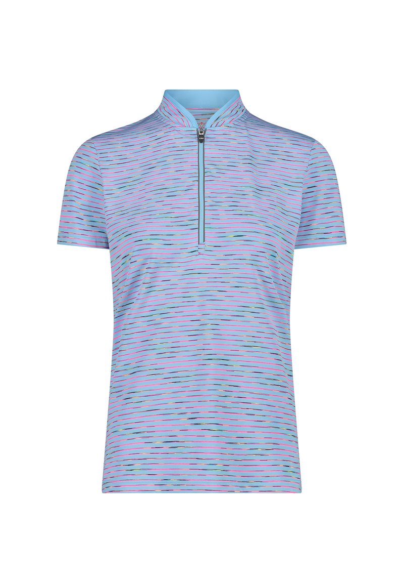 Kurzarm-Zip-Hals-Top in Hellblau mit horizontalen mehrfarbigen Streifen. Glatte Textur, moderne Passform und minimalistisches Design.