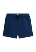 Marineblaue Herren-Badeshorts mit elastischem Bund, Kordelzug, seitlichen Taschen und gesticktem "Tommy Jeans"-Logo am linken Vorderbein.