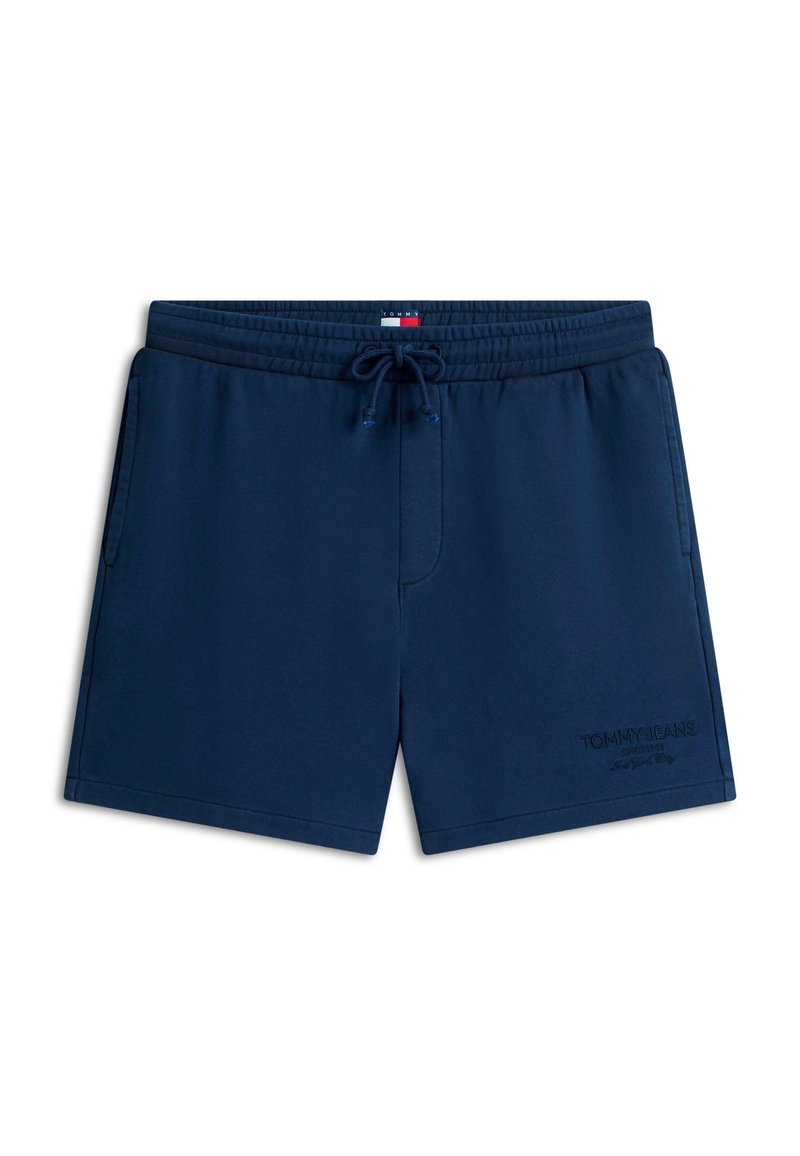 Marineblaue Herren-Badeshorts mit elastischem Bund, Kordelzug, seitlichen Taschen und gesticktem "Tommy Jeans"-Logo am linken Vorderbein.