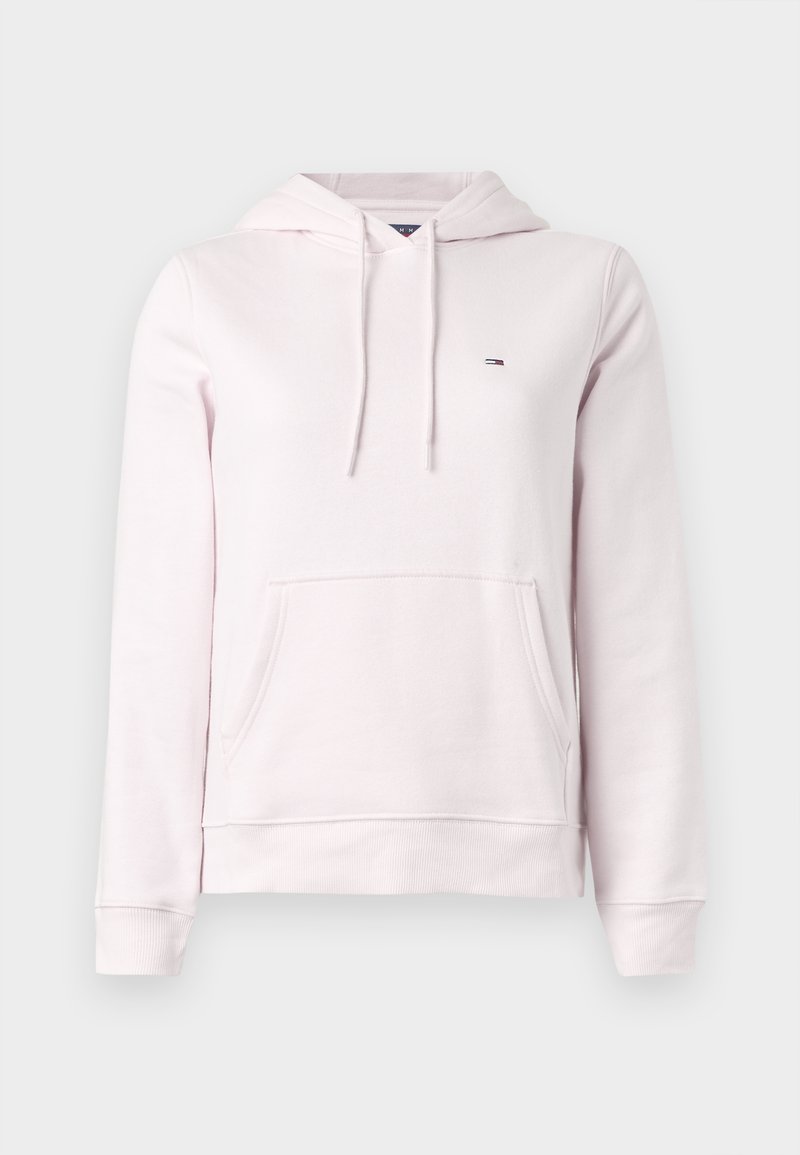Hellrosa Pullover-Hoodie mit einer vorderen Kängurutasche, Kapuze mit Kordelzug und kleinem, gesticktem Logo auf der Brust. Weiche Stoffstruktur.