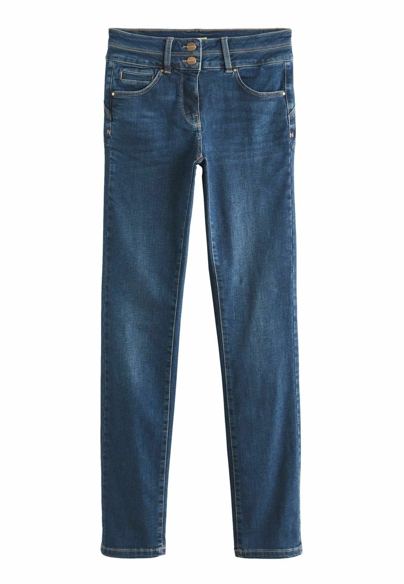 Dunkelblaue Denim-Skinny-Jeans mit einem klassischen Fünf-Taschen-Design und einem Zwieknopfverschluss; zeichnet sich durch eine glatte Textur und minimale Nähedetails aus.