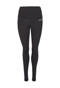 Schwarze Leggings aus elastischem Stoff, mit einem hohen Taillenbund und einem kleinen weißen Logo auf der linken Seite. Glatte Textur, langes Design.