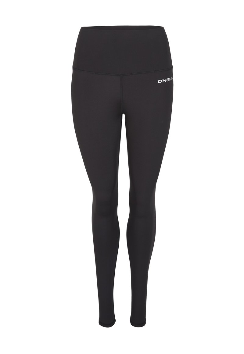 Schwarze Leggings aus elastischem Stoff, mit einem hohen Taillenbund und einem kleinen weißen Logo auf der linken Seite. Glatte Textur, langes Design.