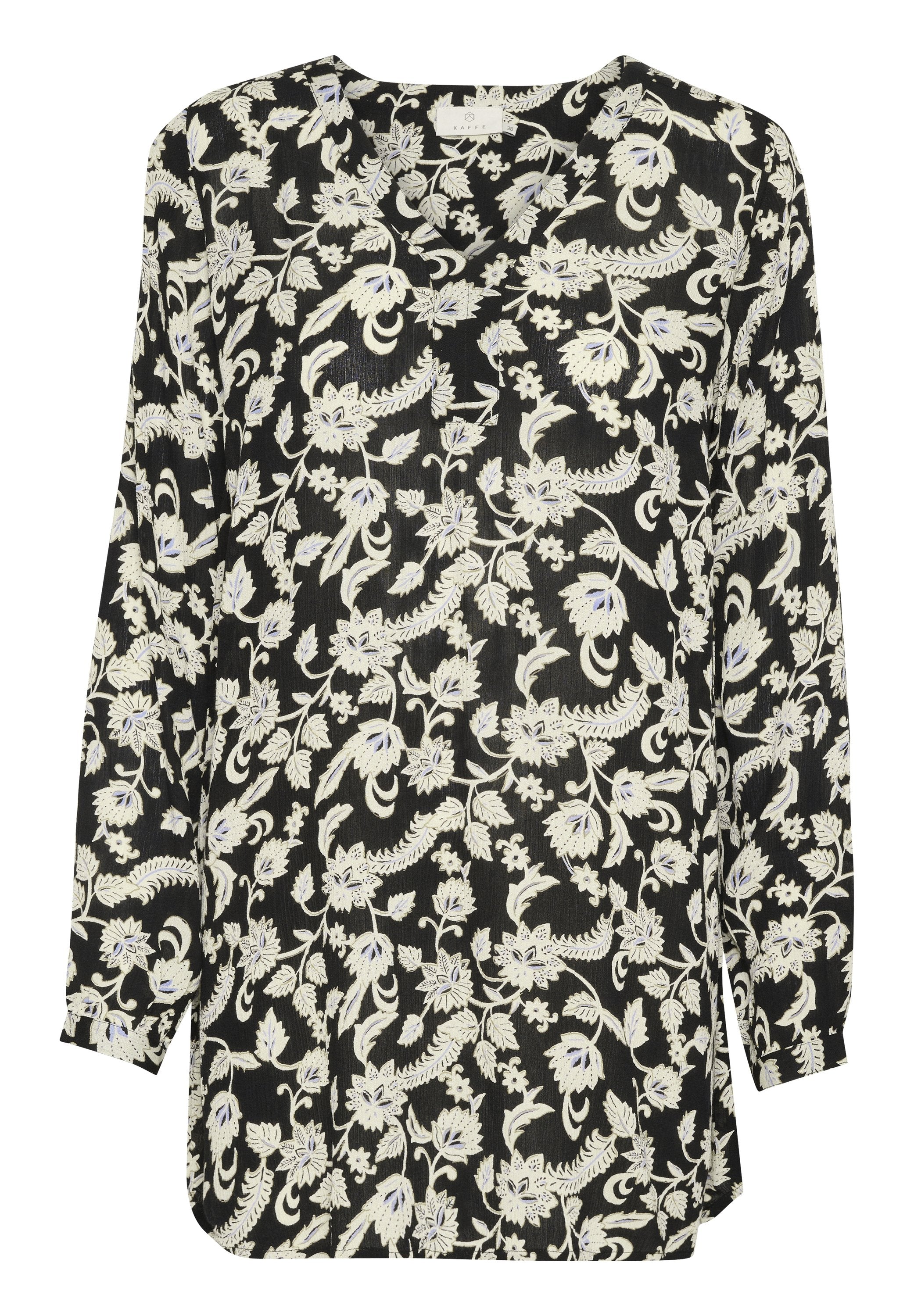 Schwarze Bluse mit langen Ärmeln, verziert mit einem floralen Muster in Weiß und Hellblau, mit rundem Ausschnitt und legerer Passform. Strukturierter Stoff.