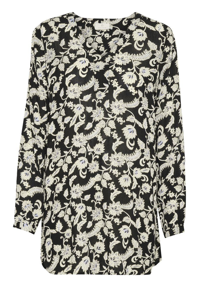 Schwarze Bluse mit langen Ärmeln, verziert mit einem floralen Muster in Weiß und Hellblau, mit rundem Ausschnitt und legerer Passform. Strukturierter Stoff.