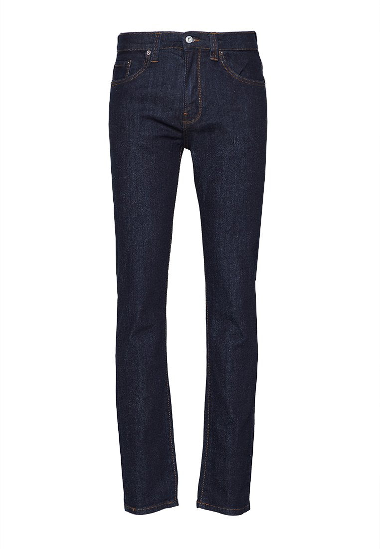 Dunkelblaue Jeans aus Denim mit geradem Schnitt, die über fünf Taschen, einen Knopfverschluss und gestickte Details entlang der Nähte verfügt.