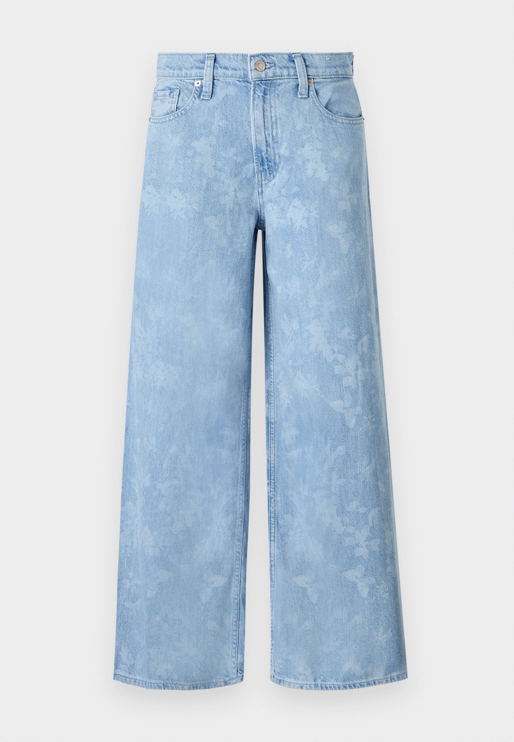 Helleblaue weite Jeans mit einem verblassten floralen Muster, fünf Taschen und einem Knopfverschluss an der Taille. Denimstoff mit leichtem Textur.