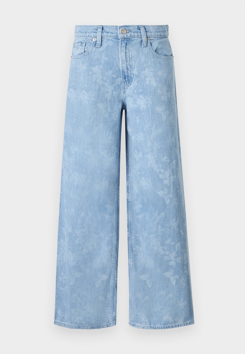 Helleblaue weite Jeans mit einem verblassten floralen Muster, fünf Taschen und einem Knopfverschluss an der Taille. Denimstoff mit leichtem Textur.