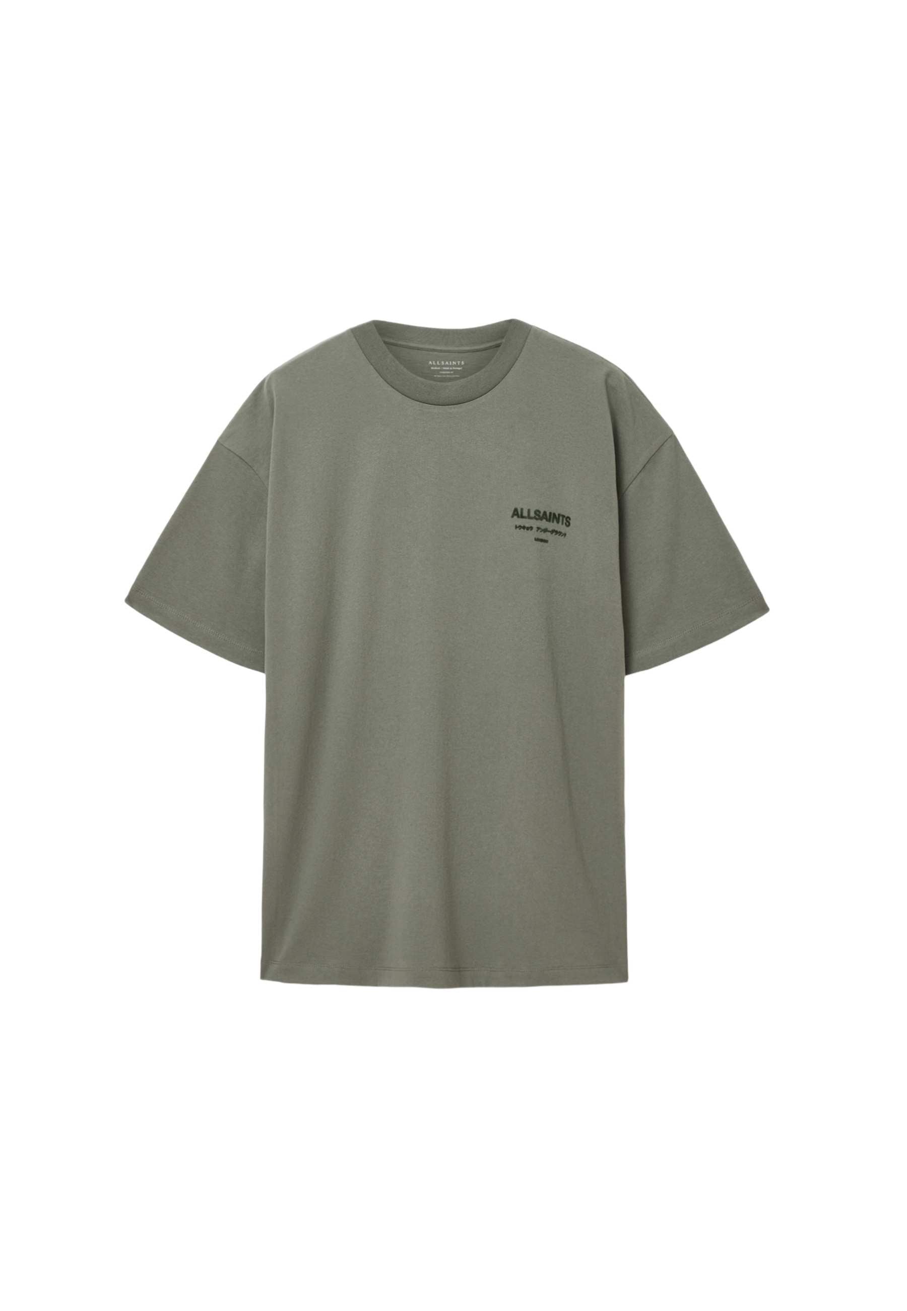 Olivgrünes T-Shirt mit kurzen Ärmeln und Rundhalsausschnitt mit kleinem schwarzem "ALLSAINTS"-Logo auf der linken Brust.