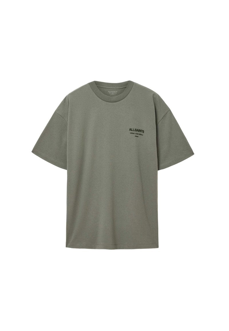 Olivgrünes T-Shirt mit kurzen Ärmeln und Rundhalsausschnitt mit kleinem schwarzem "ALLSAINTS"-Logo auf der linken Brust.