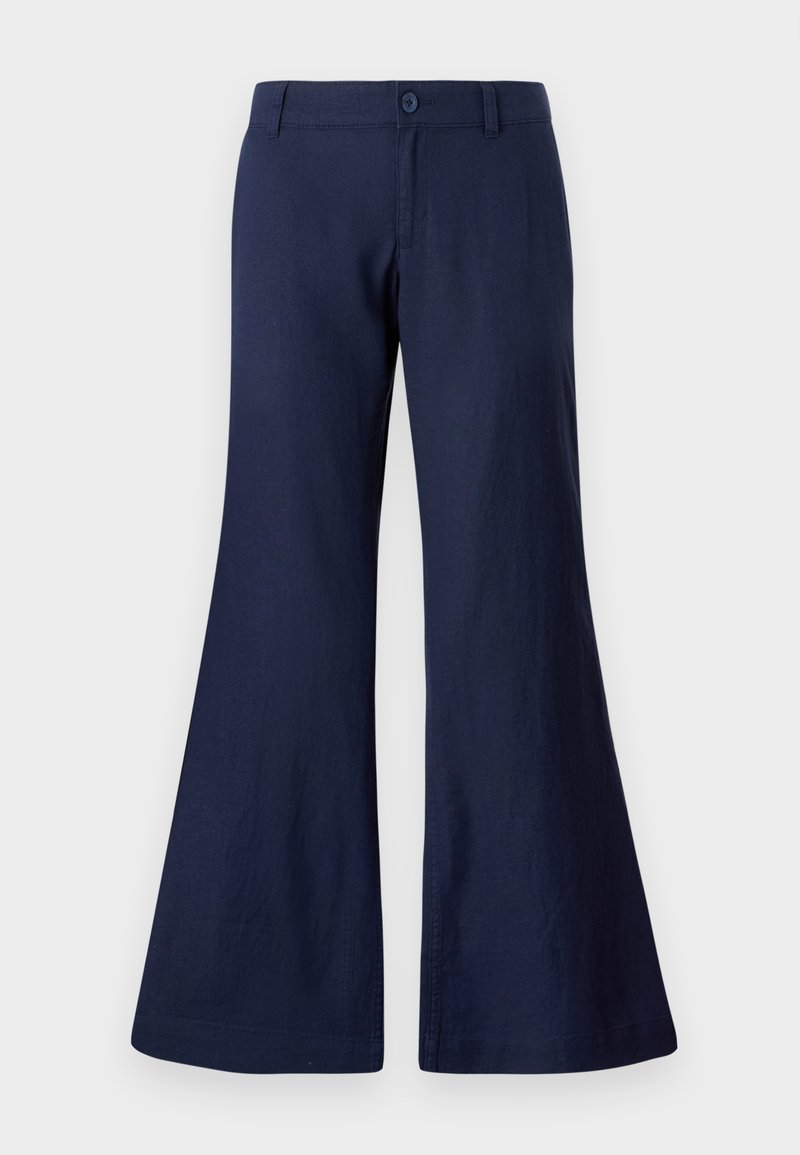 Navyblaue, ausgestellte Baumwollhose mit Knopfverschluss, Gürtelschlaufen und einer glatten Textur sowie weitem Beinöffnungen.