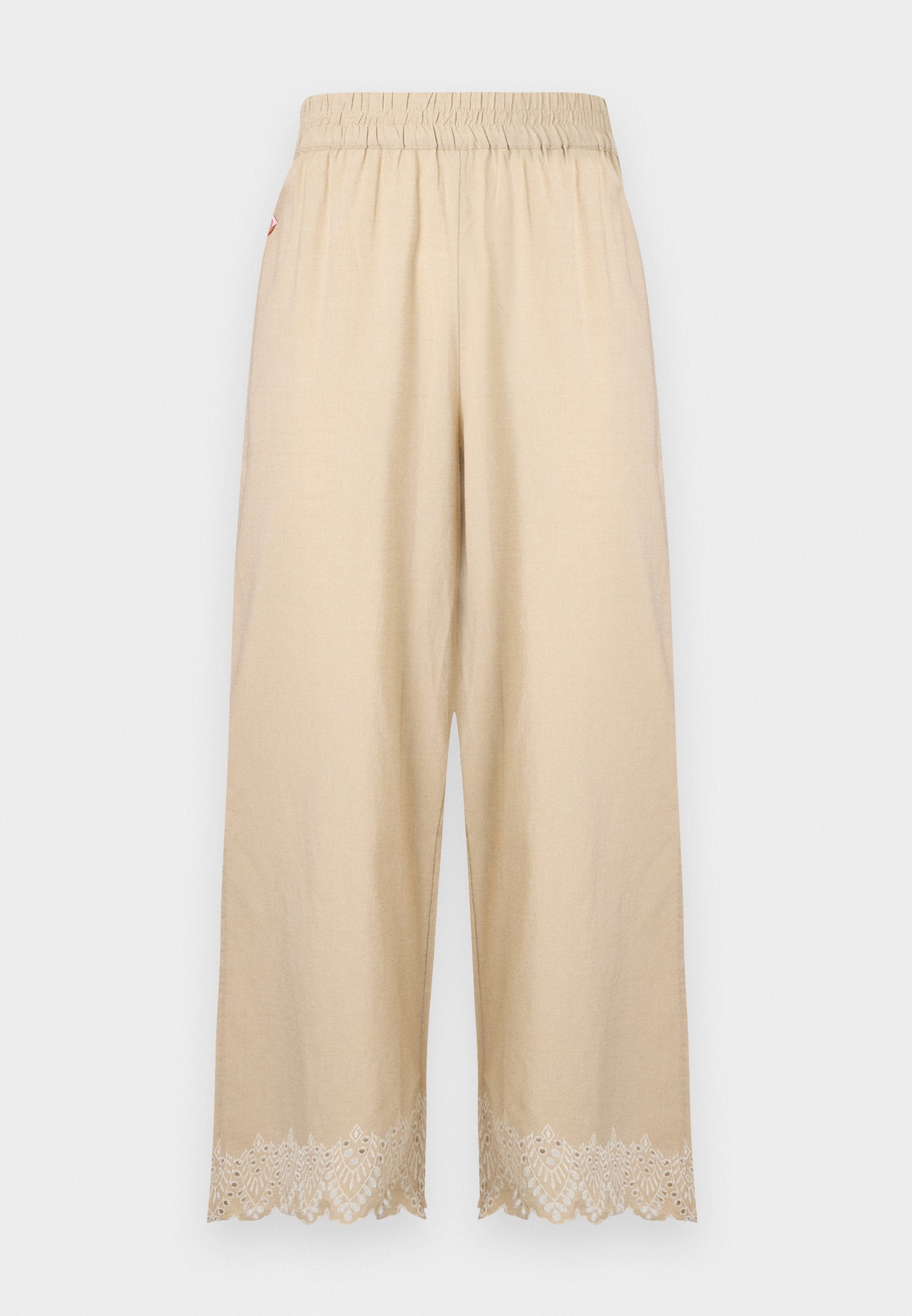 Beige Hose mit weitem Bein, elastischem Bund und besticktem gewelltem Saum.