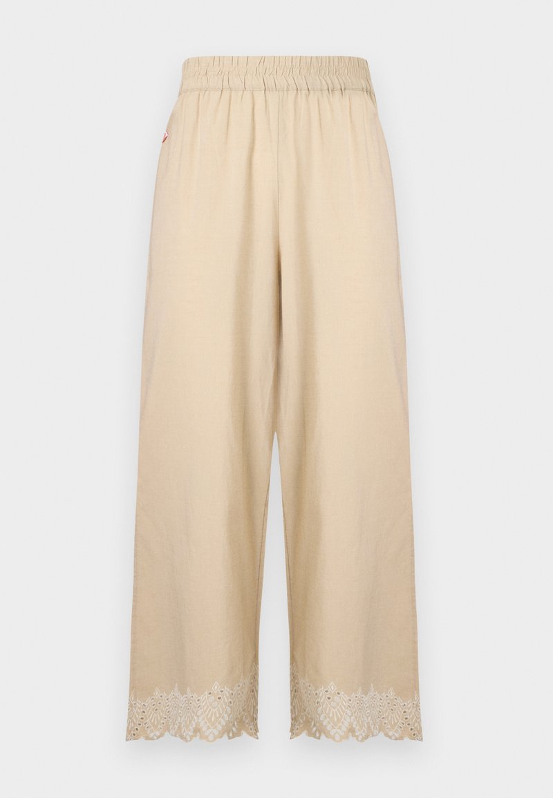 Beige Hose mit weitem Bein, elastischem Bund und besticktem gewelltem Saum.