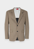 Brauner Blazer aus strukturiertem Stoff, mit einem einreihigen Design, zwei frontalen Taschen und einem geschlitzten Revers. Futter in kontrastierenden Farben.