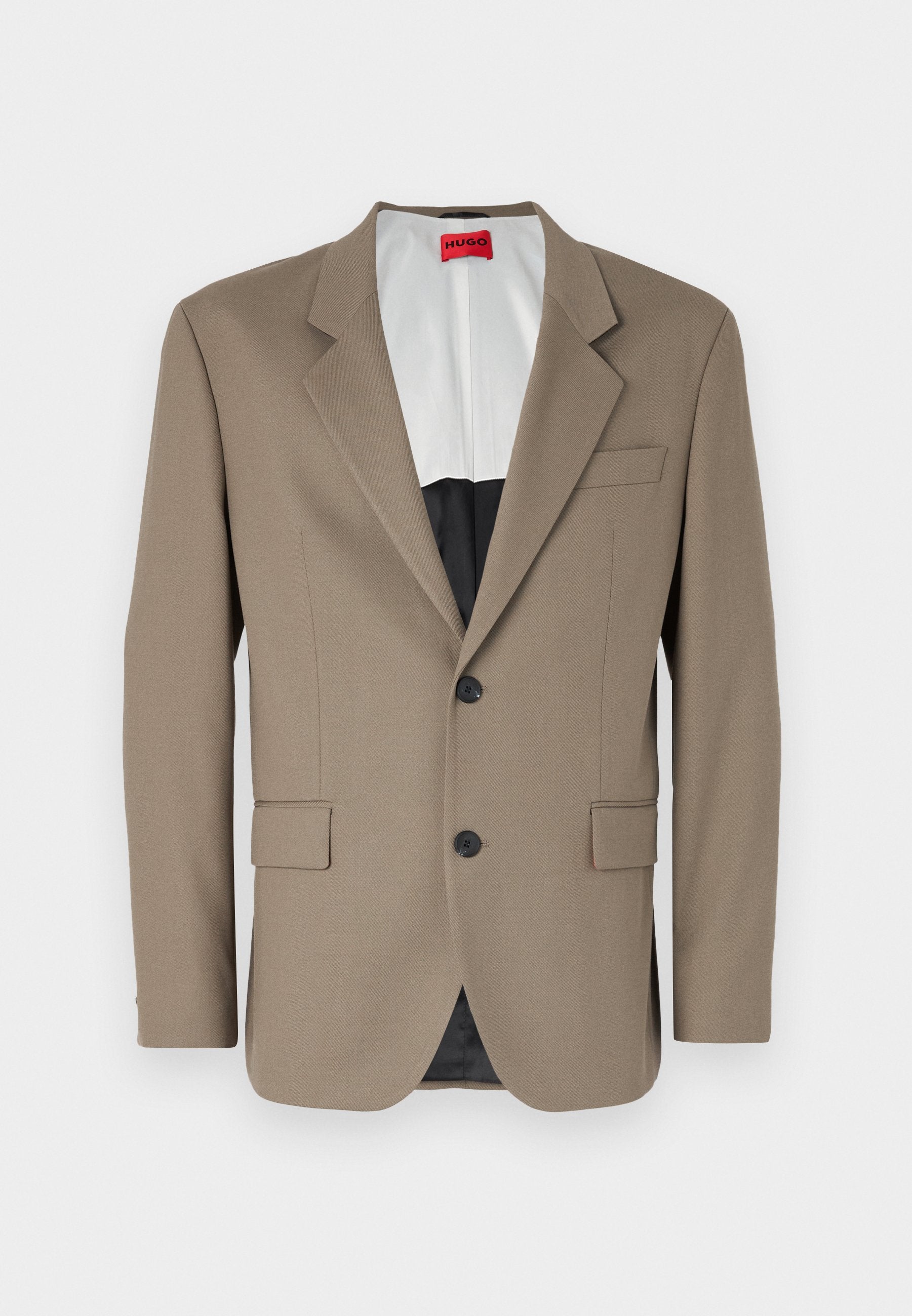 Brauner Blazer aus strukturiertem Stoff, mit einem einreihigen Design, zwei frontalen Taschen und einem geschlitzten Revers. Futter in kontrastierenden Farben.
