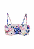 Bikini-Oberteil mit Floralprint aus leichtem Stoff, das mehrfarbige Blumen auf hellem Hintergrund zeigt, mit dünnen verstellbaren Trägern.