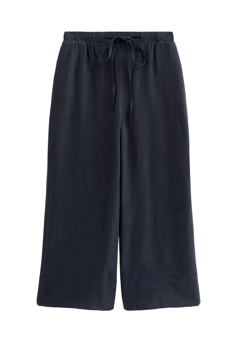 Marineblaue, weit geschnittene Hosen aus einem weichen, leichten Stoff mit einem elastischen Bund und einer Kordel zum Binden vorne.