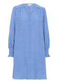 Knallblaues Kleid mit langen Ärmeln, V-Ausschnitt, gerafften Schultern und elastischen Bündchen. Strukturiertem Stoff und lockerem Schnitt, knielanges Design.