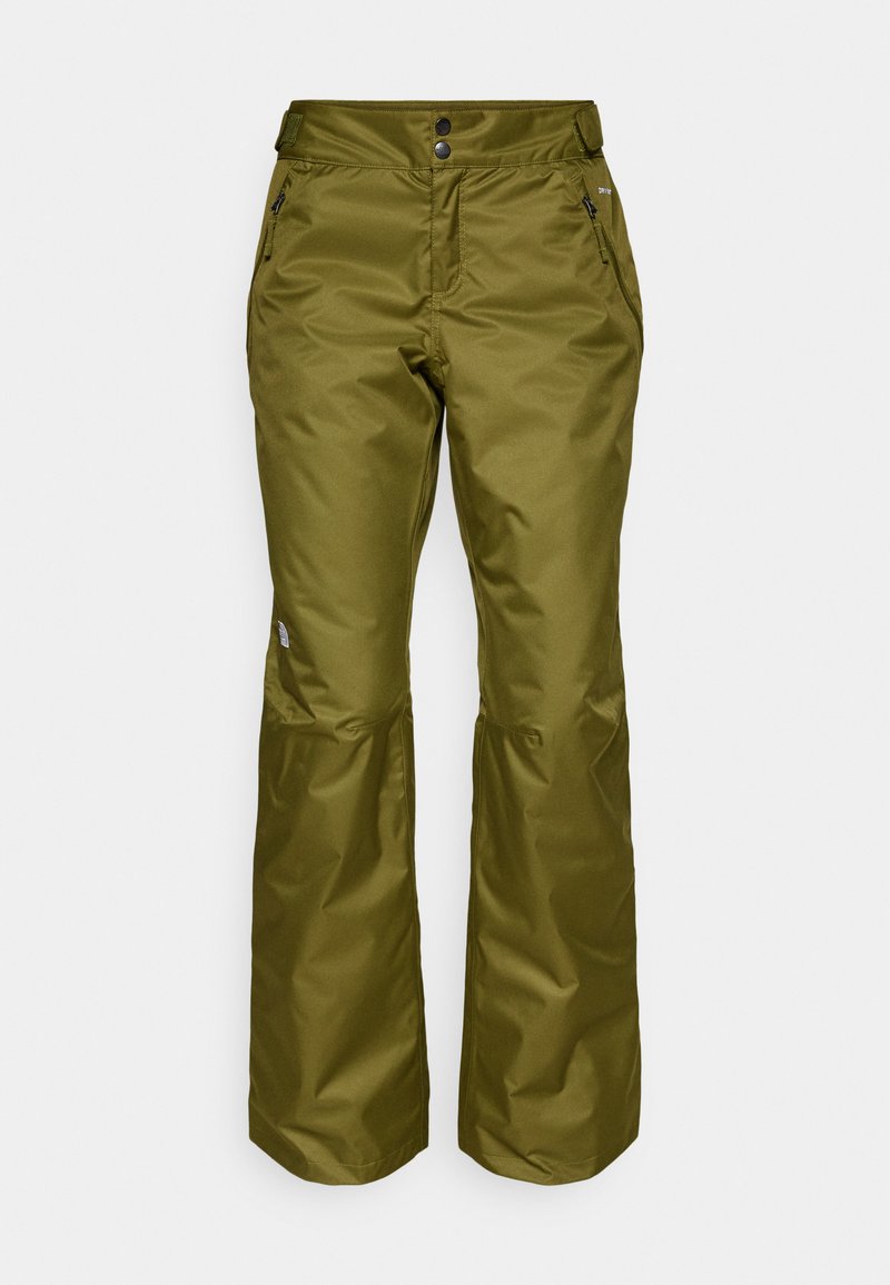 Olivengrüne wasserdichte Hose aus glänzendem Nylon, mit geradem Schnitt, zwei seitlichen Reißverschlusstaschen und einem Knopfverschluss an der Taille.