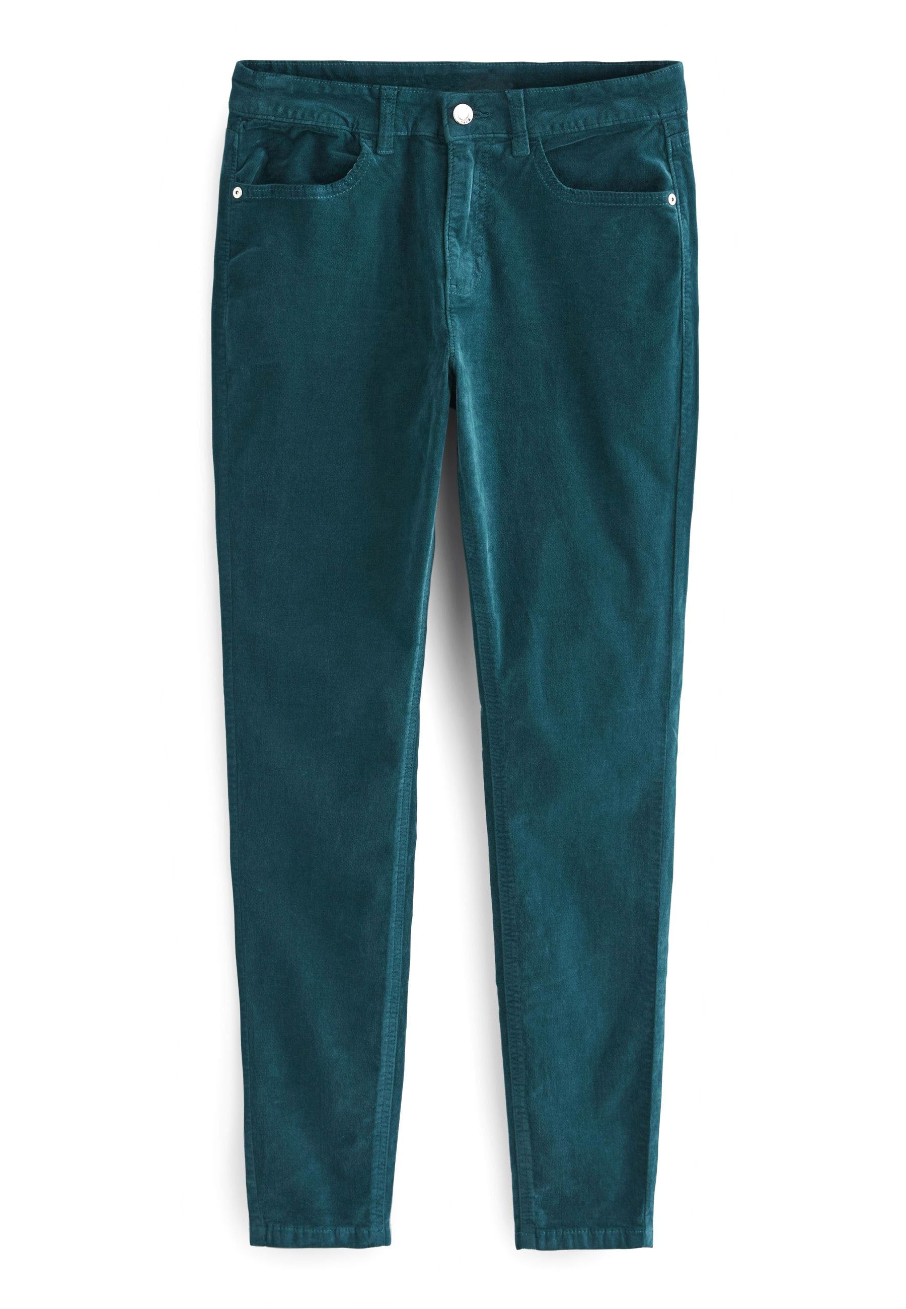 Türkise Cordhosen im Slim-Fit-Schnitt, mit fünf Taschen, einem Reißverschluss und einem sichtbaren Metallknopf an der Taille. Weicher, strukturierter Stoff.
