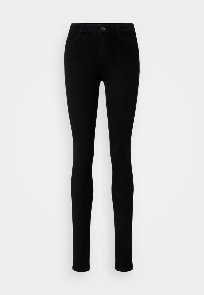 Schwarze Skinny-Jeans aus dehnbarem Denim, mit einem Frontknopfverschluss, fünf Taschen und einer eleganten, glatten Textur.