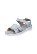 Silberne Sandalen mit holografischen Blumenmustern, verstellbaren Riemen und einer gepolsterten Innensohle auf einer weißen Gummisohle.