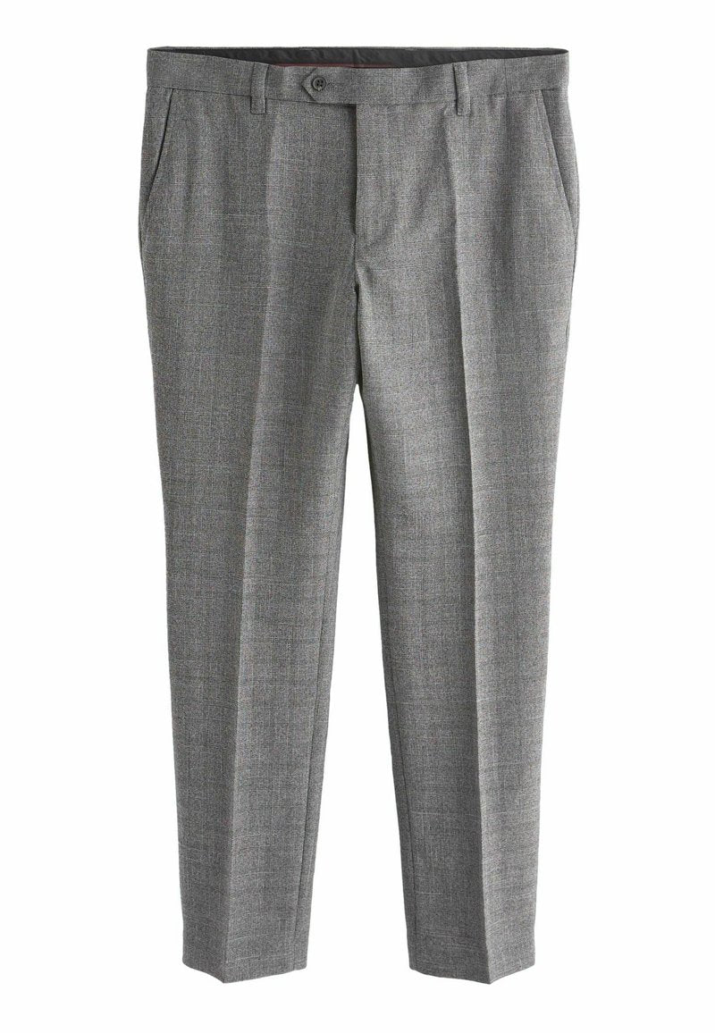 Grau gemusterte Hose mit taillierter Passform. Aus strukturiertem Stoff gefertigt, mit einem Knopfverschluss und seitlichen Taschen.