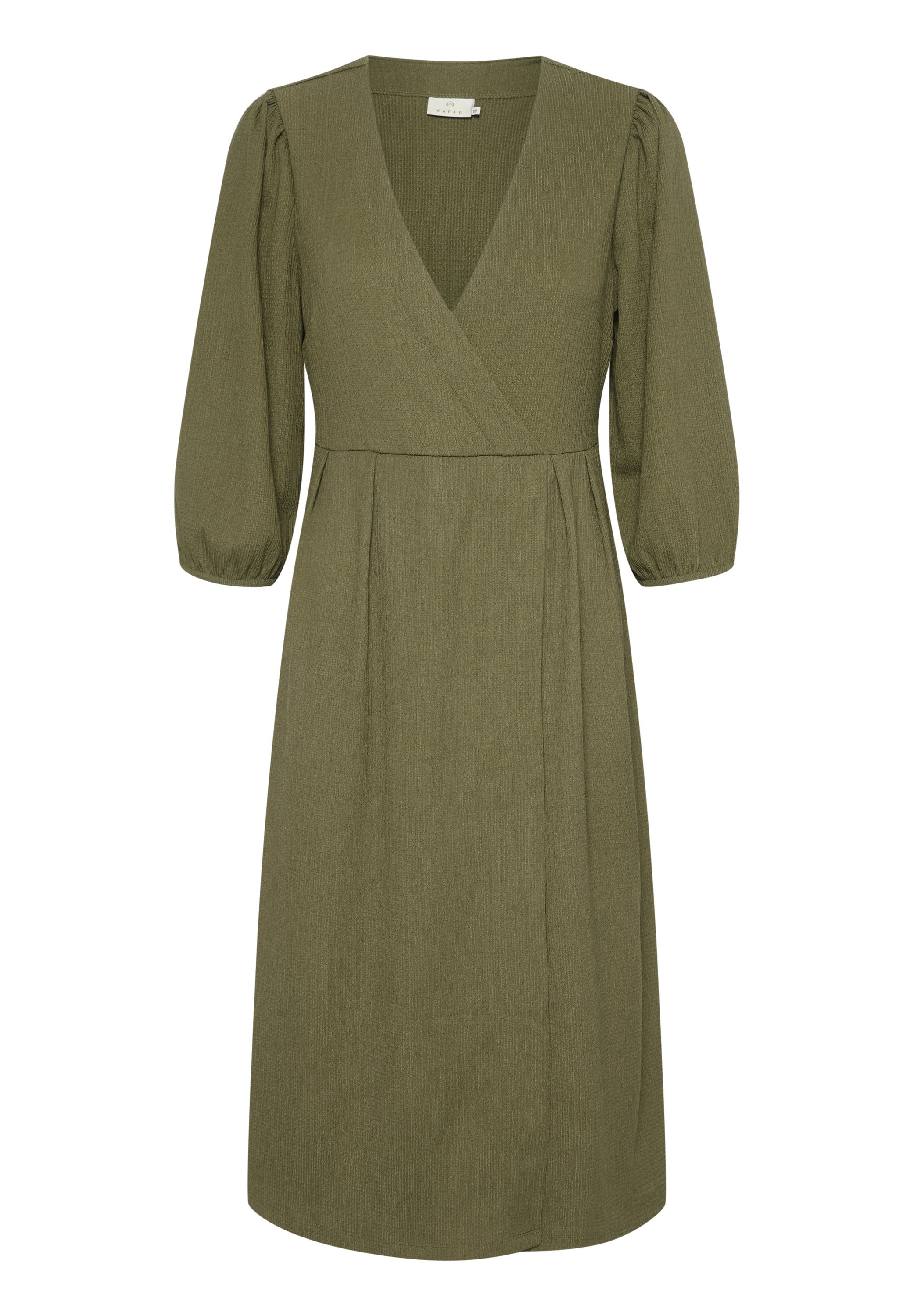 Olivenfarbenes, knielanges Kleid mit V-Ausschnitt, gerafften Puffärmeln und einem weichen, strukturierten Stoff. Verfügt über ein Wickeldesign und eine lockere Passform.