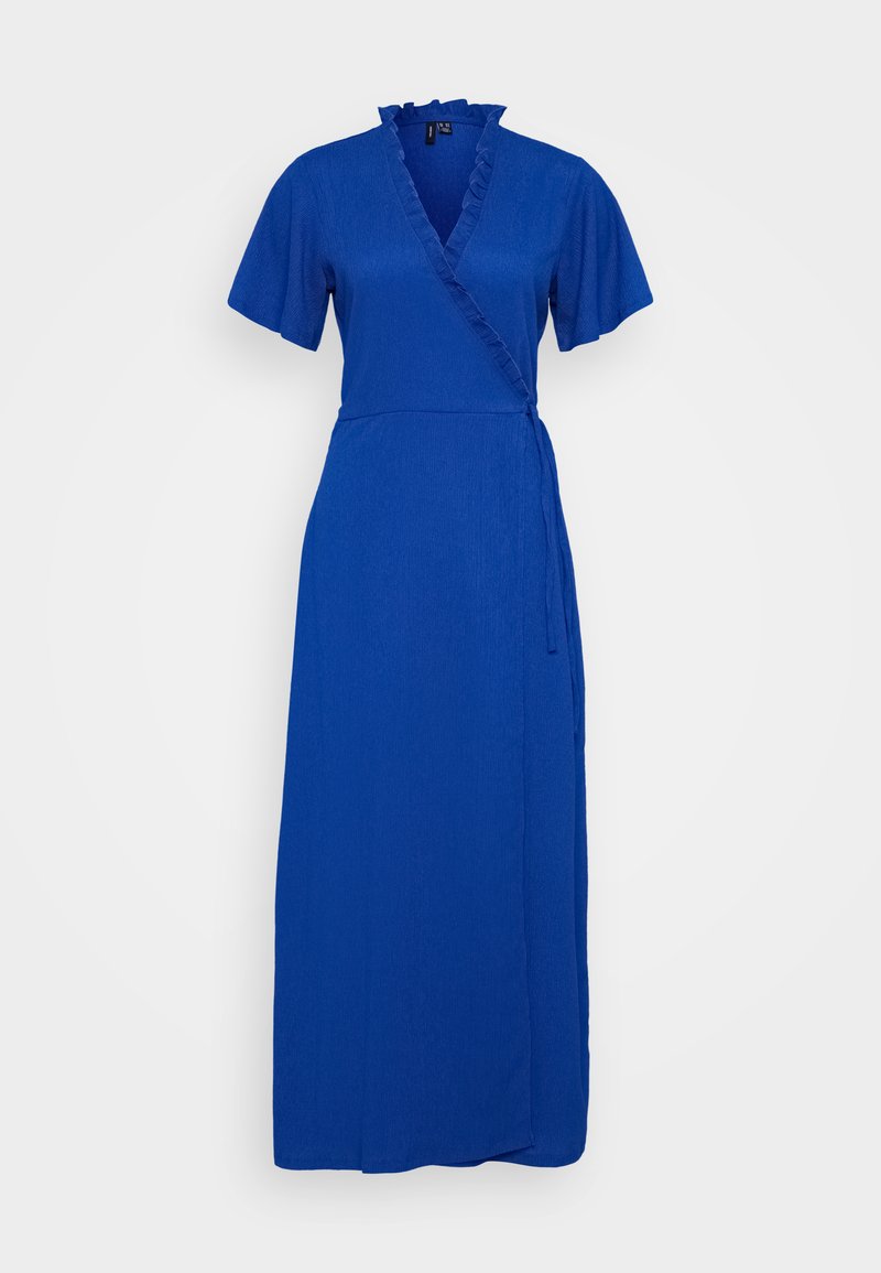Blaues Wickelkleid mit kurzen, flatternden Ärmeln, strukturiertem Stoff, rüschigem Kragen und einem Selbstbindegürtel. Bodenlanges Design.