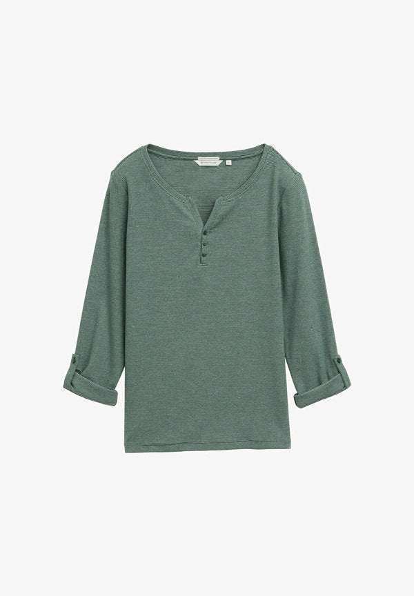 TOM TAILOR STRIPE HENLEY - Long sleeved top - off white green small stripe