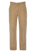 Beige Baumwollhosen mit lockerer Passform, ausgestattet mit einem geknöpften Bund, frontalen Taschen und gestickten Details entlang der Nähte.