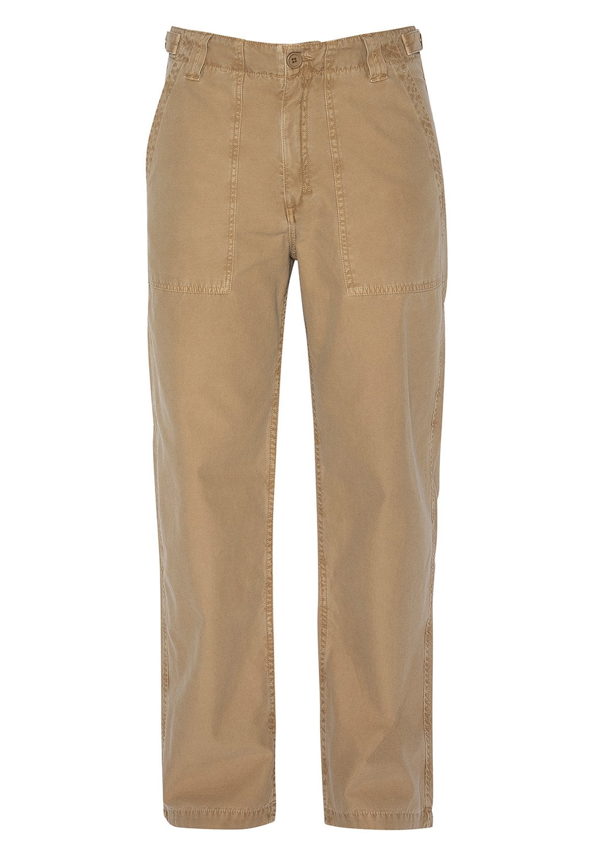 Beige Baumwollhosen mit lockerer Passform, ausgestattet mit einem geknöpften Bund, frontalen Taschen und gestickten Details entlang der Nähte.