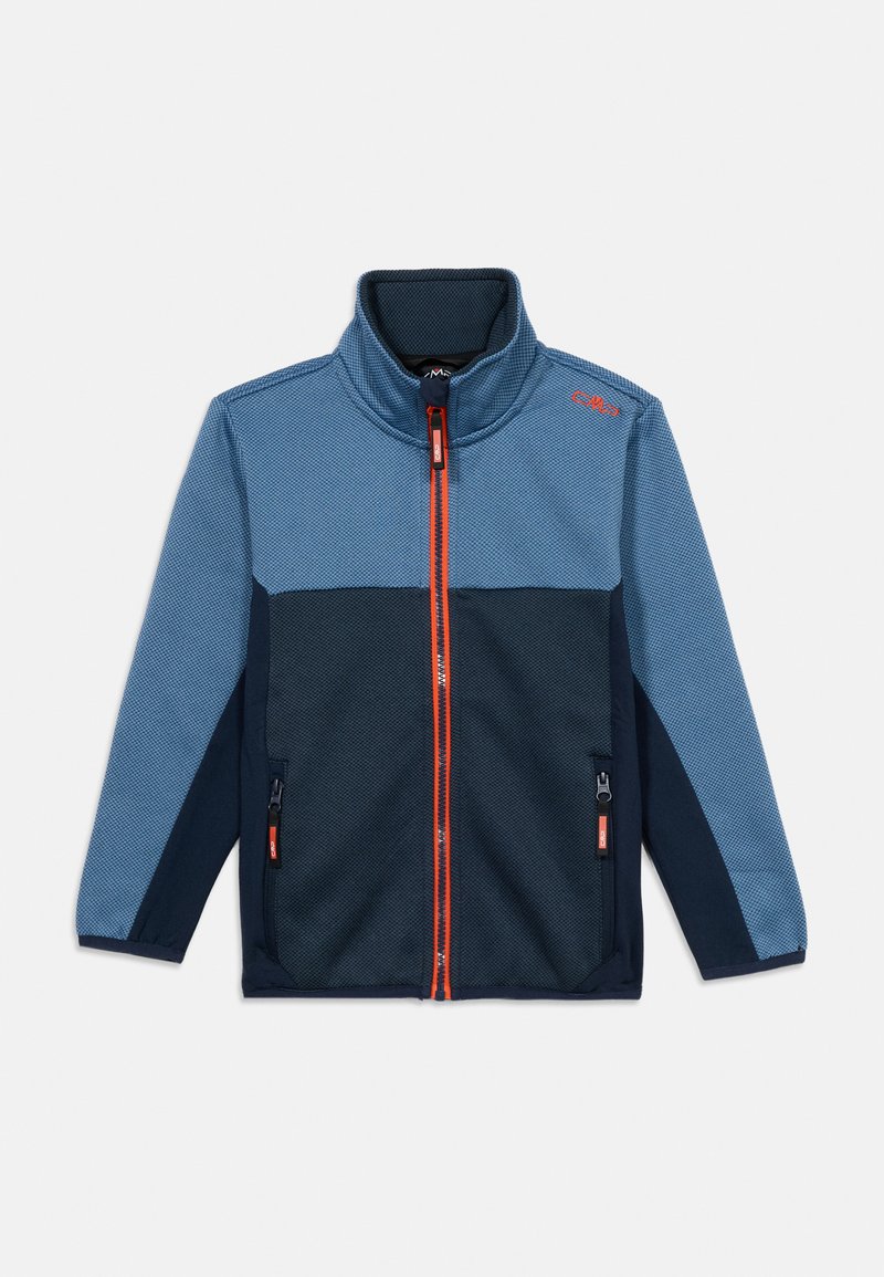 Blaue Fleecejacke mit hohem Kragen, zwei seitlichen Reißverschlusstaschen und orangen Reißverschlussakzenten. Verfügt über ein strukturiertes Oberteil und ein einfarbiges Unterteil.