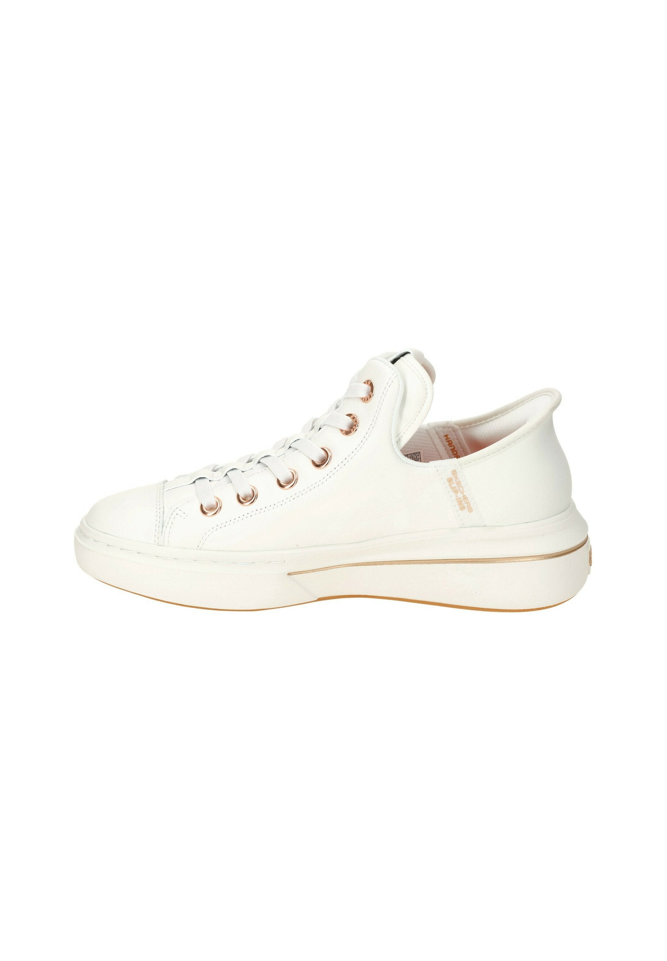 Weiße Ledersneaker mit runder Spitze, flacher Sohle und roségoldenen Ösen. Texturiertes Obermaterial, gepolsterter Schaft und dezente Markenkennzeichnung an der Seite.