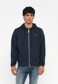 Marineblauer Reißverschluss-Hoodie mit Kängurutasche, verstellbarem Kordelzugkapuze und kleinem roten Logo auf der Brust. Weicher Stoff und lässige Passform.