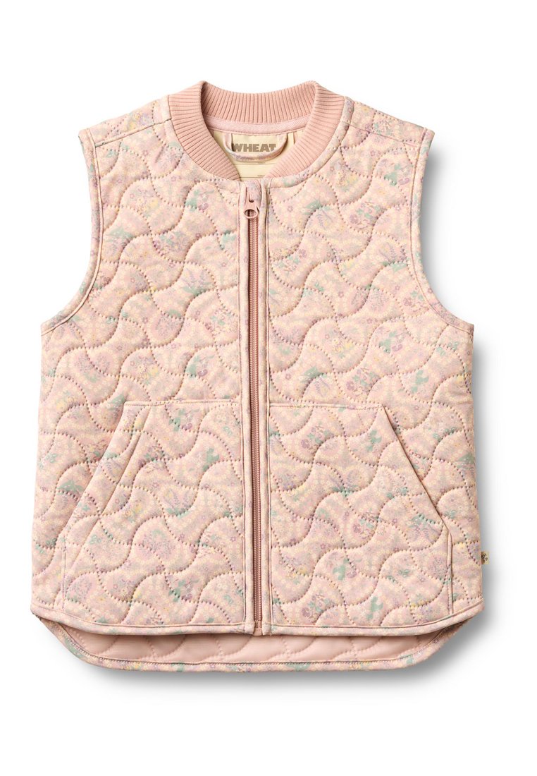 Gesteppte Weste in sanftem Rosa mit Blumenmuster, ausgestattet mit einem Frontreißverschluss und Seitentaschen. Gerippter Kragen und abgerundeter Saum.